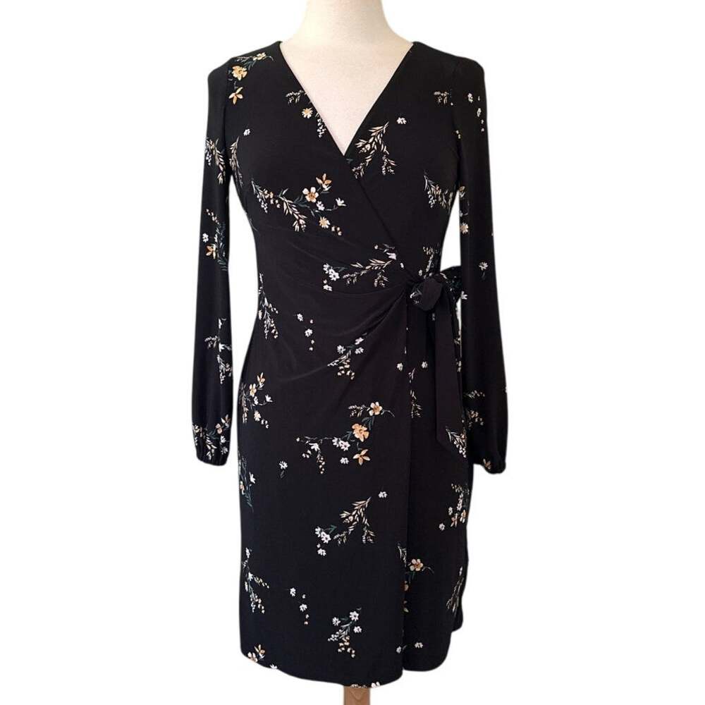 Lauren Ralph Lauren Black Long Sleeve Floral Wrap Mini Dress Office Career QQ5